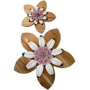 Wooden Flower Wall Decor Wood & Metal Floral Design Pink White Brown Decorations
